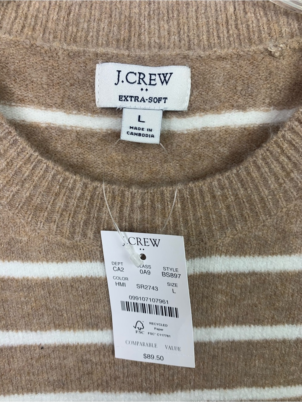 NWT J.Crew LARGE Crewneck Pullover Sweater Extra Soft Yarn Beige Ivory Stripe - Picture 3 of 6